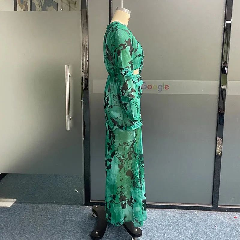 Women Maxi Dress Long Lantern Sleeve V Neck