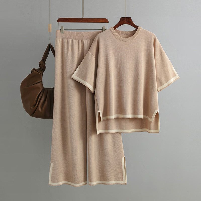 WAYOFLOVE Women Knitted Sweater Two Pieces Sets Spring Autumn O-Neck Loose Pullovers Sweater Tops & Wide-Leg Pants Knitwear Suit Plus size