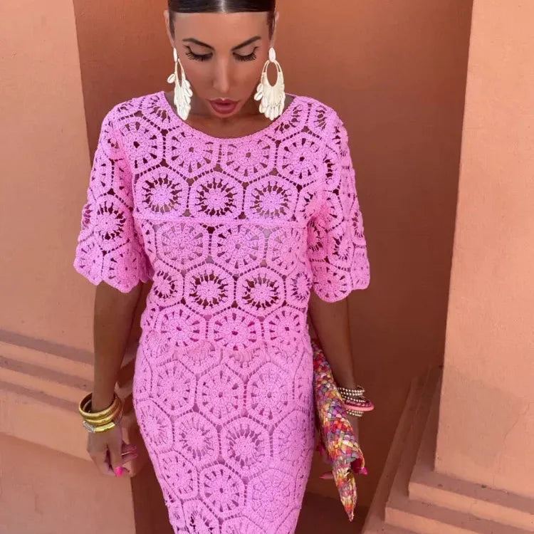 Women Elegant White Crochet Hollow Out Skirt Two Pieces Sets Chic Half Sleeve Top Set 2024 Lady Summer Holiday Party Outfit