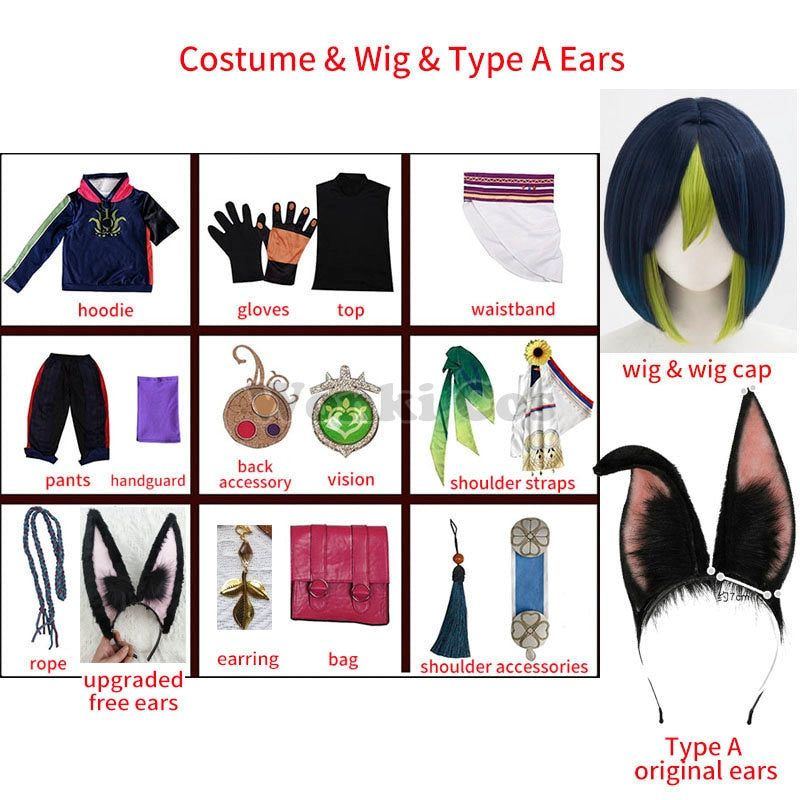 Game Genshin Impact Tighnari Cosplay Costume Wig Hair Genshin Tighnari Tail Costumes with Ears Accessories