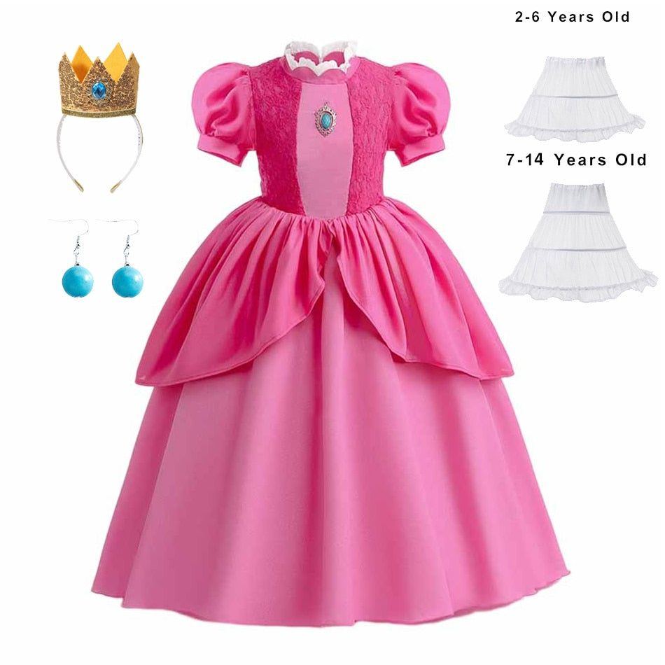 Peach Princess Cosplay Dress Girl Movie Role Playing Costume Birthday Party Stage Performace Outfits Kids Carnival Fancy Clothes