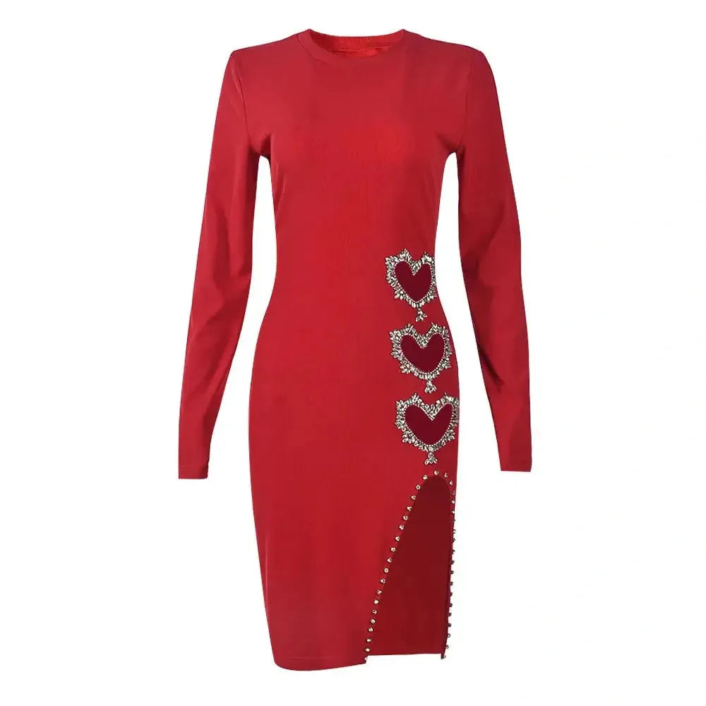 DEAT Fashion Women's Heart Diamonds Hollow Out Split Dress 2024 Spring New O-neck Long Sleeves Wrap Hip Dresses Female 33A658
