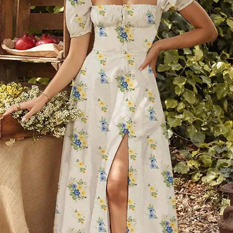 Women Floral Print Long Dress Summer Chic Short Sleeve Square Collar Split A Line Party Sundress Ladies Holiday Beach Vestidos