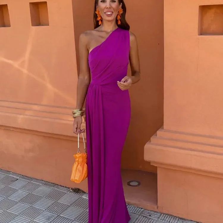 Women Elegant Solid Slim Long Dress Chic Sleeveless Backless Oblique Shoulder Pleated Robe 2024 Summer Lady Party Vestidos