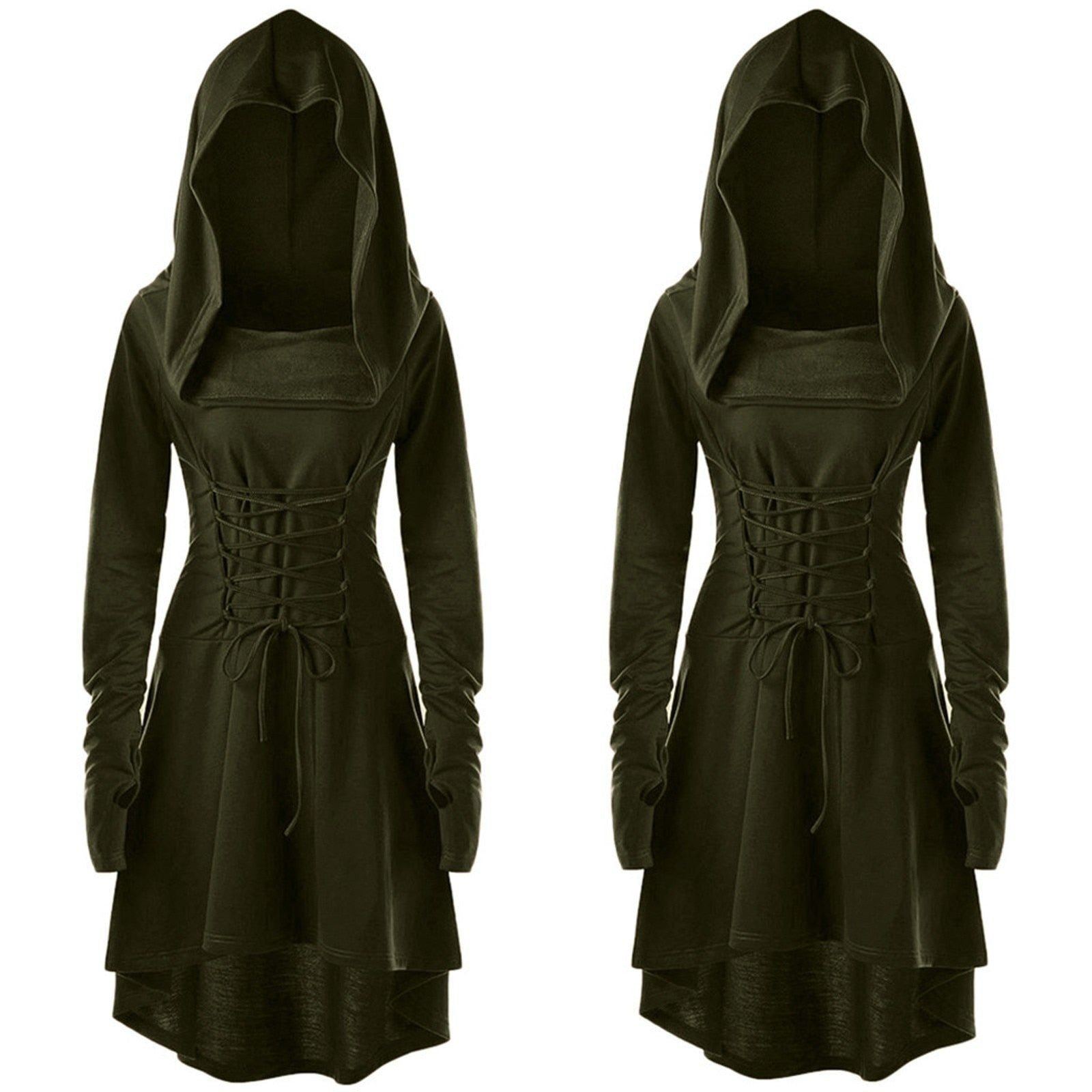 Medieval Women Archer Costume Long Sleeve Hooded Pixie Cosplay Dress Renaissance Femal Hunter Larp Robe Bandage Plus size s-4XL