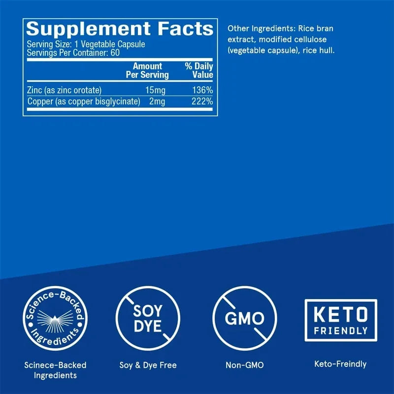 Copper zinc capsules, 60 capsules, mineral and antioxidant supplements, immune support