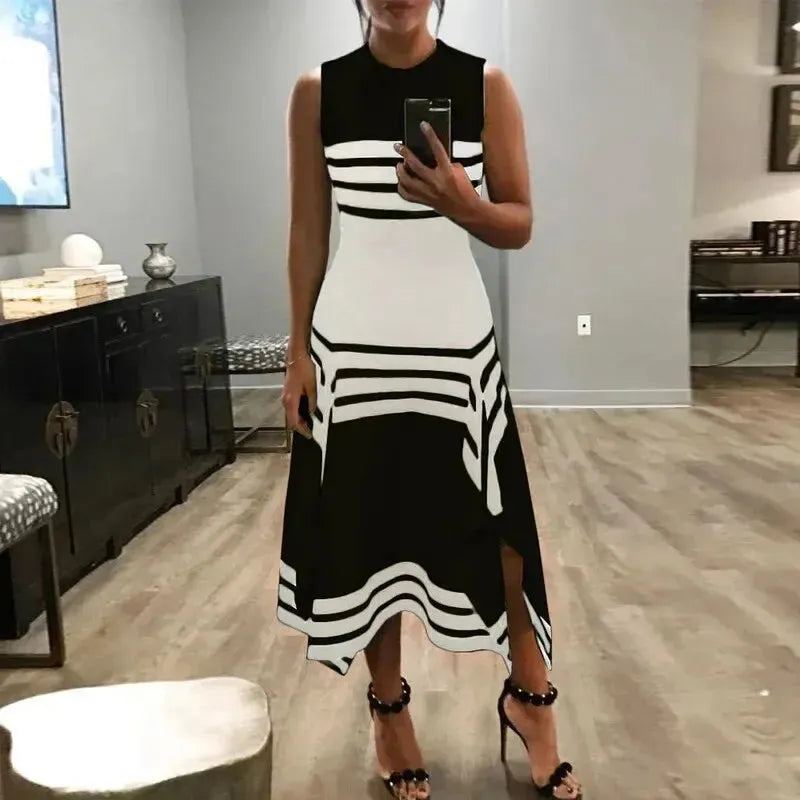 Fashionable Summer Striped Black White Sleeveless Round Neck Dress Casual Base Skirt Western Style For Women