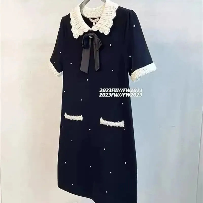 Spring New Vintage Beading Women's Knitted Mini Dress Elegant Bow Peter Pan Collar Short Sleeve Sweet A-Line Party Dresses K151