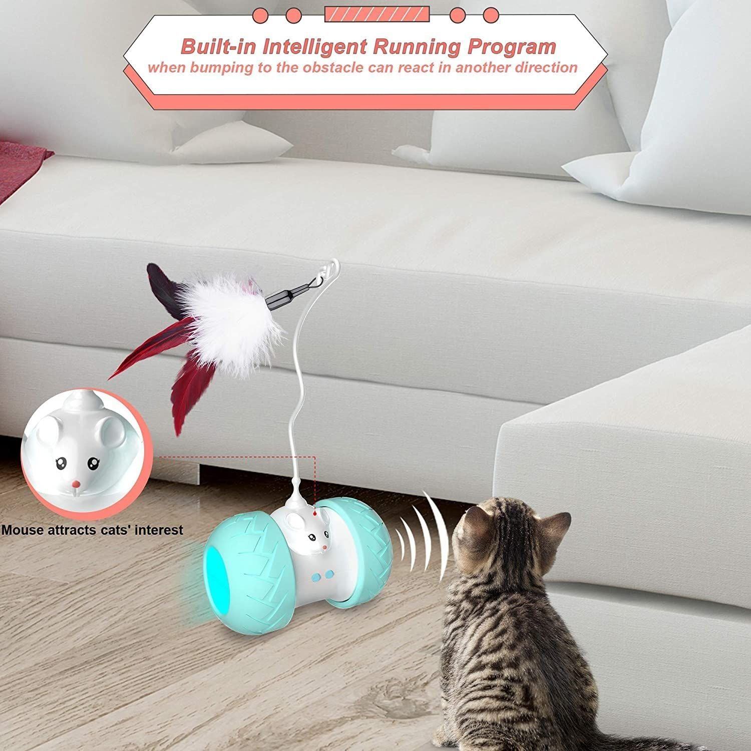 Interactive Cat Toys for Indoor Cats, Automatic Kitten Toys Electronic with Mouse and 3 Feathers for Cats to Play Alone Exercise - Jointcorp