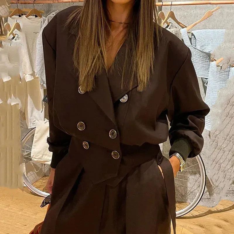 Women Blazer 2 Piece Suit Autumn Fashion Solid Long Sleeve Laple Double Breasted Button Top Loose Midi Pants Sets