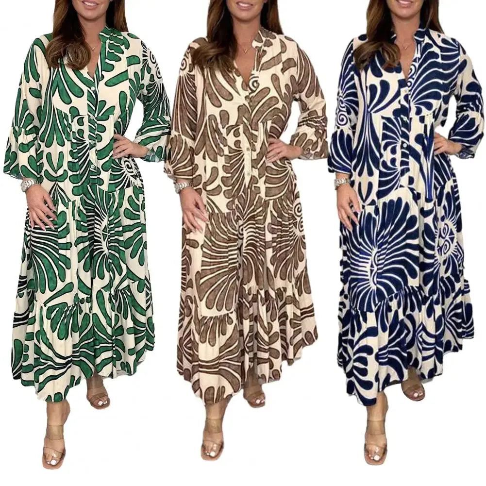 Women Maxi Dress Ninth Sleeves Contrast Color Ladies Dress Vintage Print High Waist Lady Ankle Length Long Dress