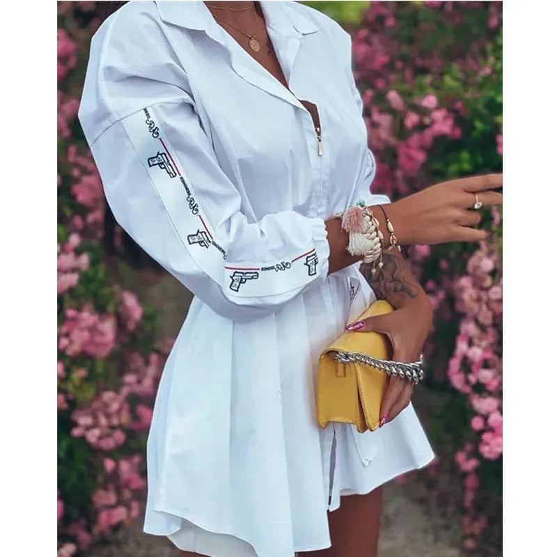 Fashion Long Sleeve Letter Print Shirt Dress Women Spring Pleated Lace Up Dresses For Women 2023 Office Elegant Zipper Vestidos