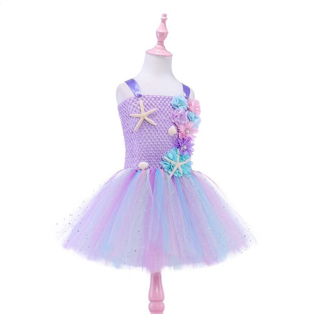 Girls Pastel Ariel Mermaid Tutu Dress Under the Sea Theme Birthday Party Costume with Flower Headband Ocean Flower Dresses 1-12Y