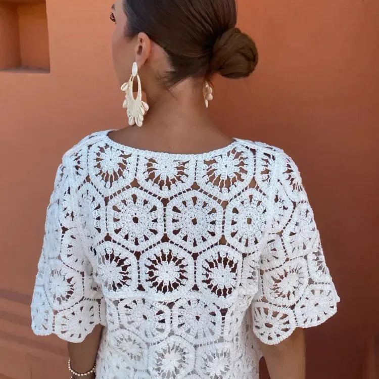 Women Elegant White Crochet Hollow Out Skirt Two Pieces Sets Chic Half Sleeve Top Set 2024 Lady Summer Holiday Party Outfit