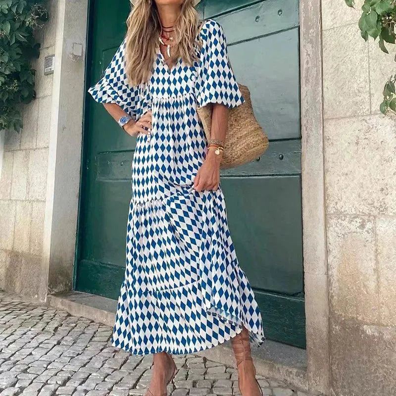 Women Summer 2024 Casual Floral Drawstring V-Neck Puff Sleeve Boho Maxi Dress Elegant Loose Holiday Beach Dresses Party Vestidos