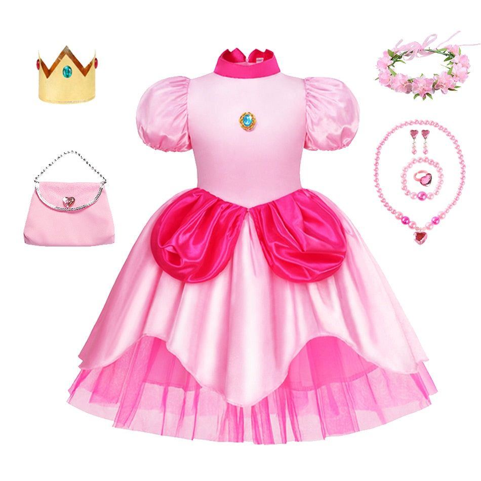 Peach Princess Cosplay Dress Girl Movie Role Playing Costume Birthday Party Stage Performace Outfits Kids Carnival Fancy Clothes