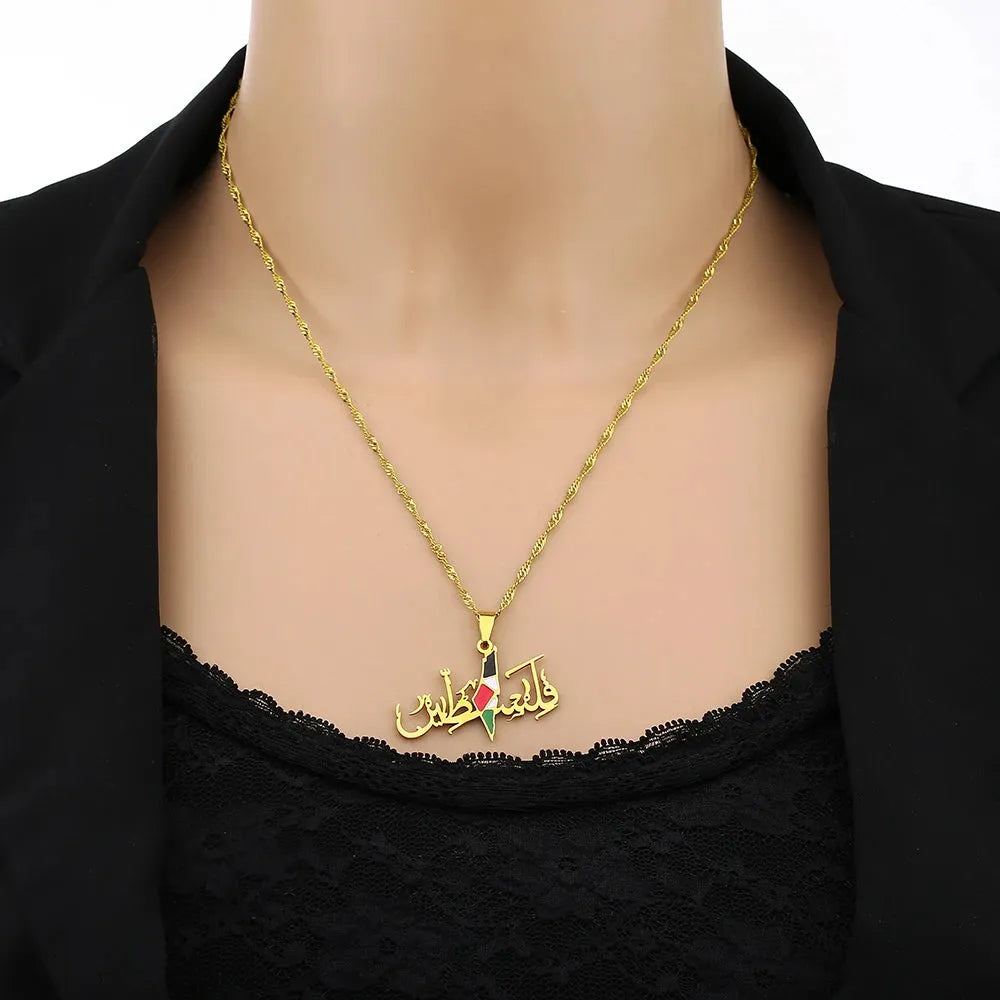 Fashion State of Palestine Map Flag Pendant Necklace Stainless Steel Gold Silver Color Men Women Ethnic Maps Jewelry Gift