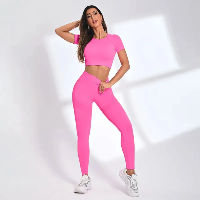 Women Yoga 2 Pieces Workout Outfits Seamless High Waist Leggings Sports Crop Top Running Clothes Sets