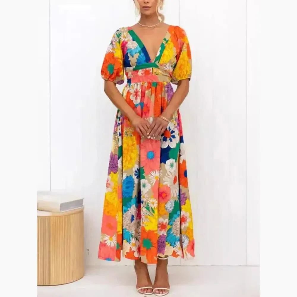 Summer Fashion New Elegant Women's Dress V-neck French Printed Bubble Sleeves Leisure Vacation Wind Flower Petal Long Dress