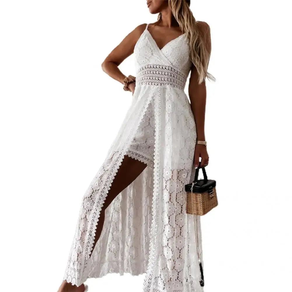 Summer Popular Long Dress White Women Jumpsuit Sexy Shorts Playsuit Lace Hollow-Out Sleeveless for Vacation High Waist Rompers