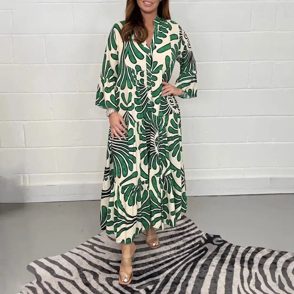 Women Maxi Dress Ninth Sleeves Contrast Color Ladies Dress Vintage Print High Waist Lady Ankle Length Long Dress