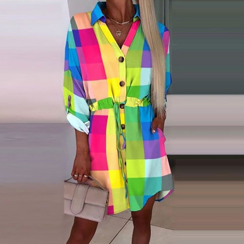 Dress Women Turn Dwon Collar Button Print Mini Dresses For Women Vintage dresses - Jointcorp