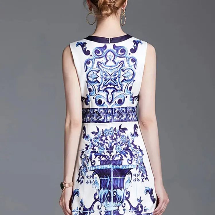 Fashion Runway Summer Short Dress Women's Sleeveless Elegant Blue And White Porcelain Flower Print Holiday Tank Mini Vestidos