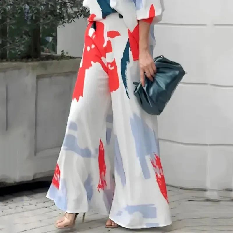 Women Two Piece Set Casual Abstract Print V Neck Laple Lantern Sleeve Long Top Loose Wide Legs Pants Sets Streetwear