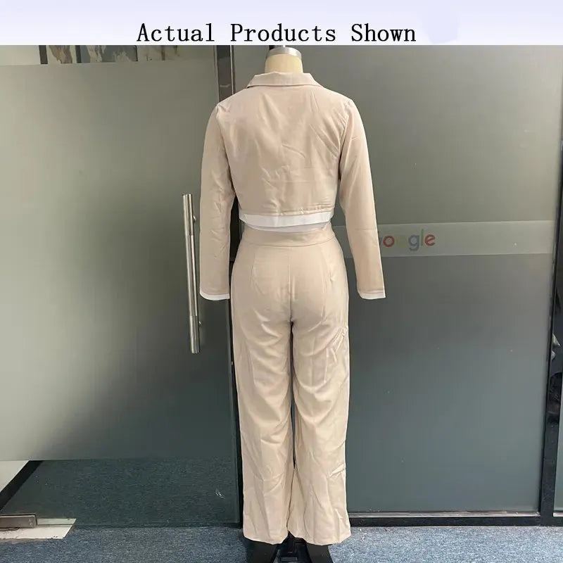 Women Blazer Set Office Commuting Fashion Solid Lapel Long Sleeve Top Loose Wide Legs With Pockets Pants Sets Suits