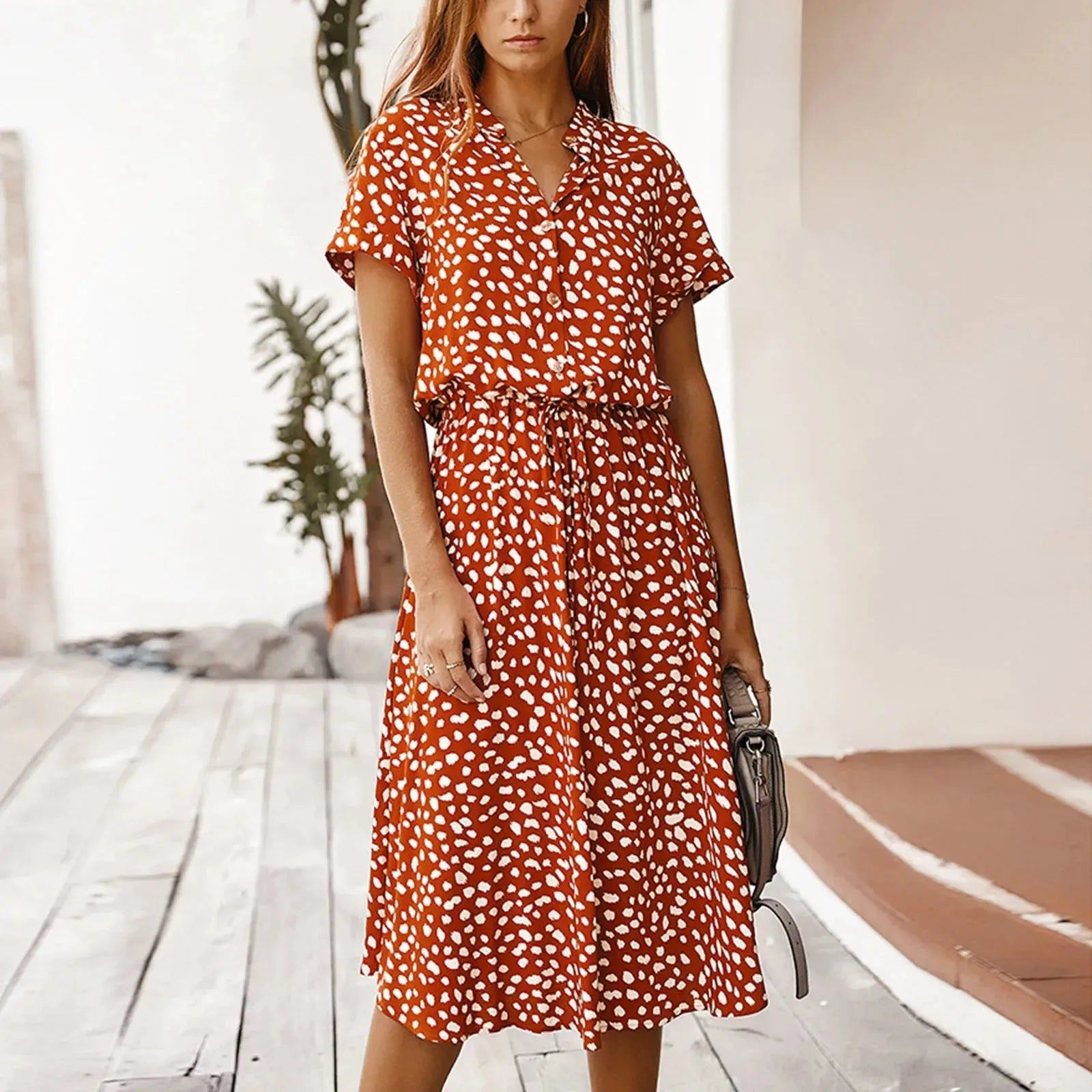 Summer Dresses Women Summer Polka Dot Printing Dresses With Buttons Short Sleeves Drawstring High Waist Dress Vestidos 2023