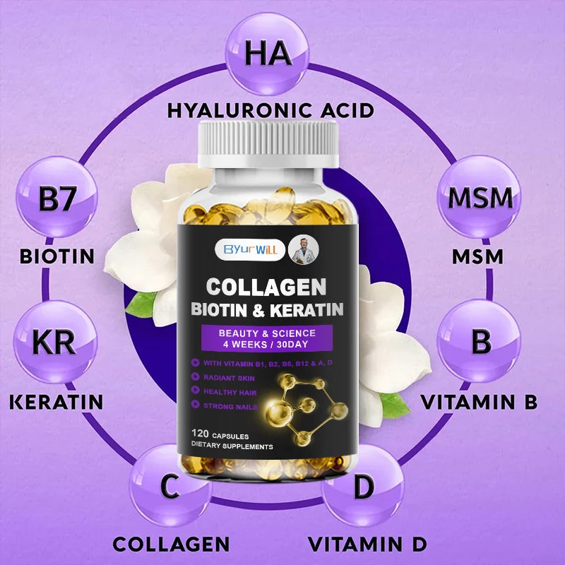 ByurWill Biotin Collagen Supplement Biotin for Hair Growth Strong Hair Dry Hair Follicle Repair Skin Adult 4 weeks Change Beauty