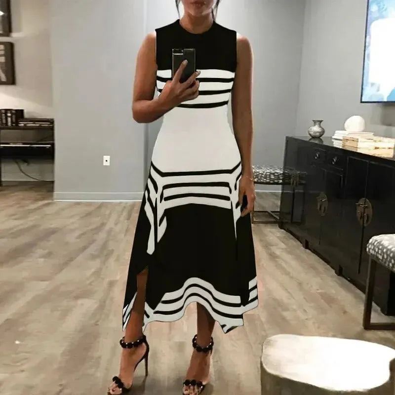 Fashionable Summer Striped Black White Sleeveless Round Neck Dress Casual Base Skirt Western Style For Women