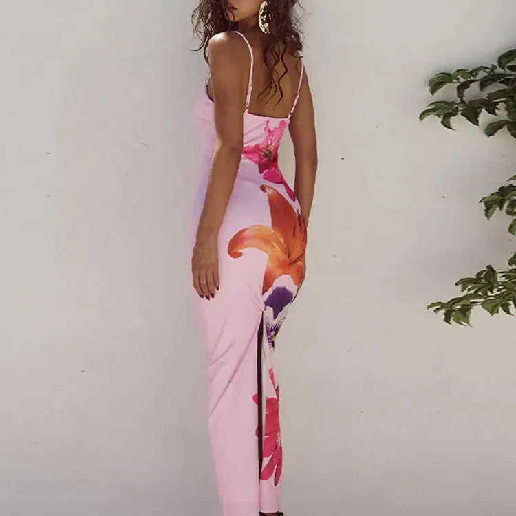 Chic Flower Print Women's Strap Maxi Dress For Women Elegant Sleeveless Backless Splited Slim Dresses Lady Beach Holiday Robe