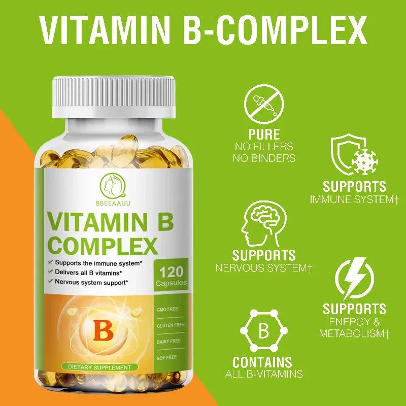 BBEEAAUU Super B Vitamin B Complex Capsules (Vitamin B1, B2, B3, B5, B6, B12, Folic Acid, Biotin, COQ10) Contain all B Vitamins