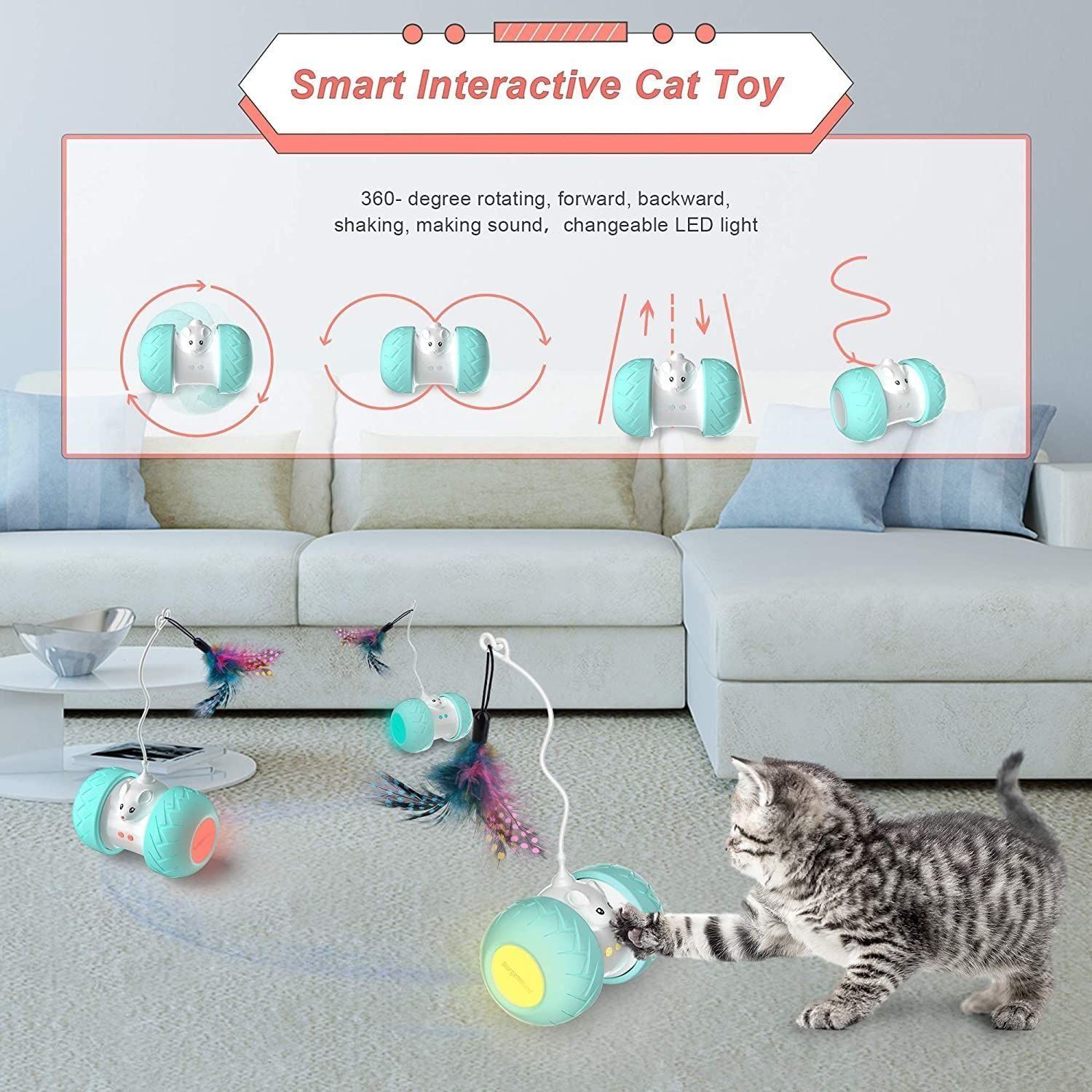 Interactive Cat Toys for Indoor Cats, Automatic Kitten Toys Electronic with Mouse and 3 Feathers for Cats to Play Alone Exercise - Jointcorp