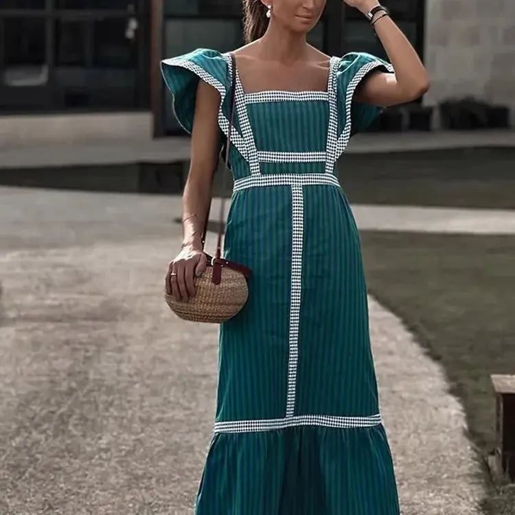 Fashion Print Dress Women Elegant Square Collar Flying Sleeve Female Maxi Dresses 2024 Spring Summer Vacation Lady Vestidos