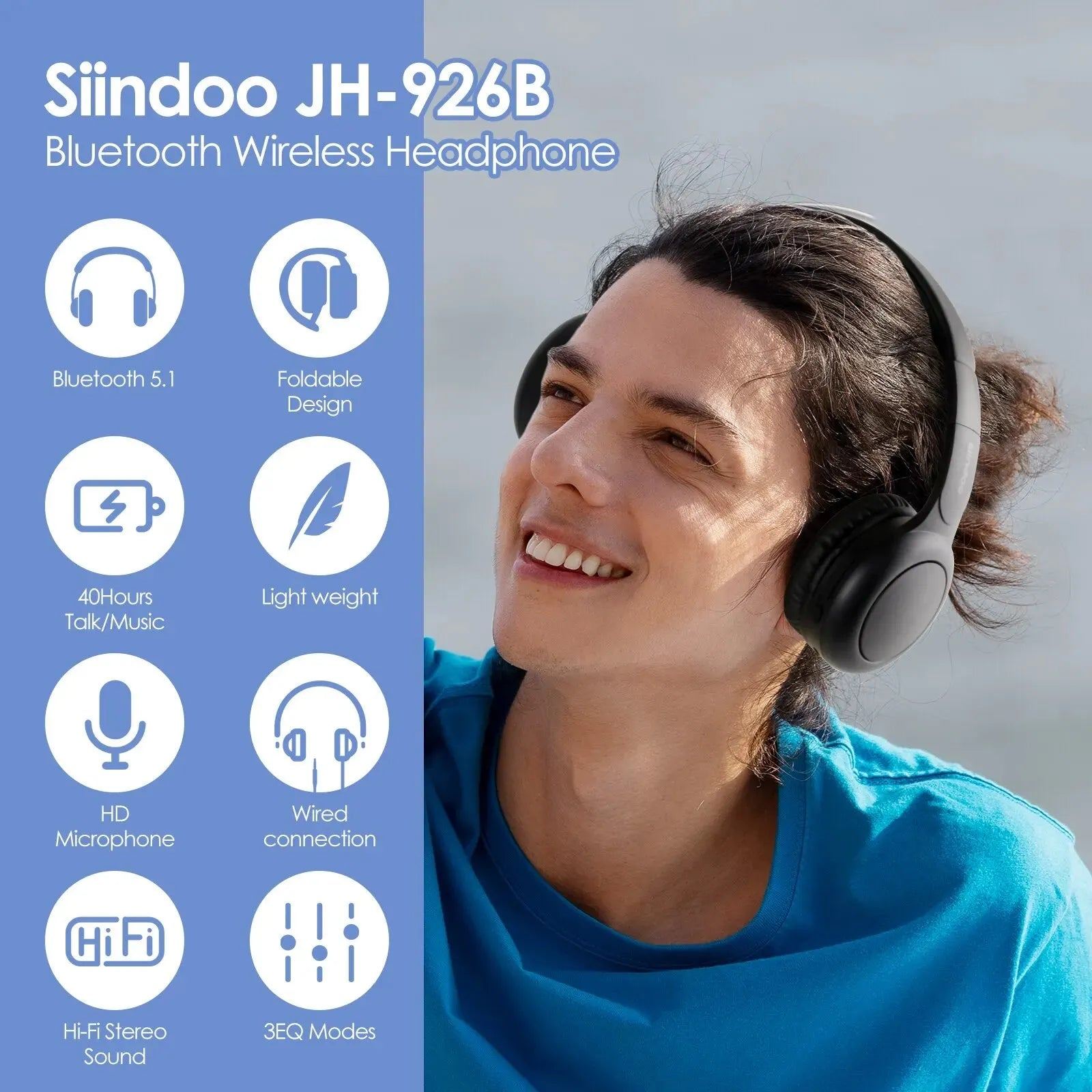 Siindoo JH-926B Wireless Bluetooth Headphones Over Ear Foldable Lightweight Headset with Mic 3 EQ Modes for Kids Teenager