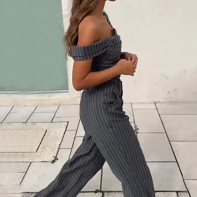 Women Two Piece Set Summer Office Off Shoulder Strap Single Sleeve Top Fahion Striped Loose Pants Suit High Streetwear