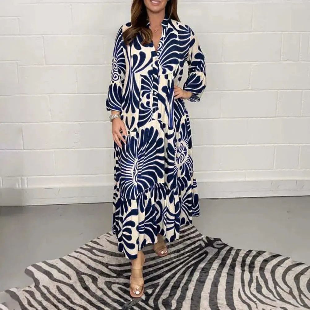 Women Maxi Dress Ninth Sleeves Contrast Color Ladies Dress Vintage Print High Waist Lady Ankle Length Long Dress