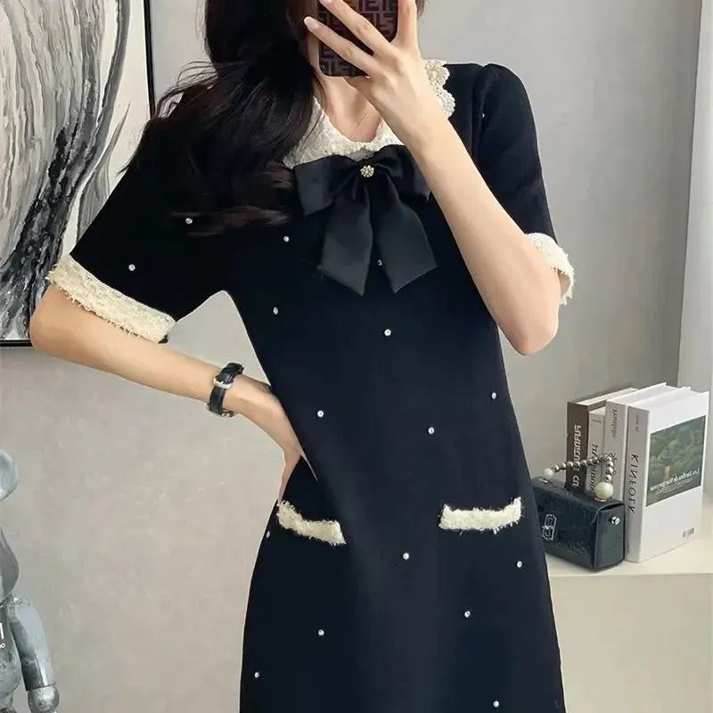 Spring New Vintage Beading Women's Knitted Mini Dress Elegant Bow Peter Pan Collar Short Sleeve Sweet A-Line Party Dresses K151