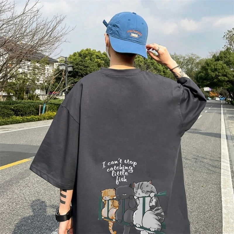 New Summer Japanese Anime Cat Print Tshirt Men Soft Cotton T-shirts Men High Street Couple T Shirts Casuals Streetwear Men