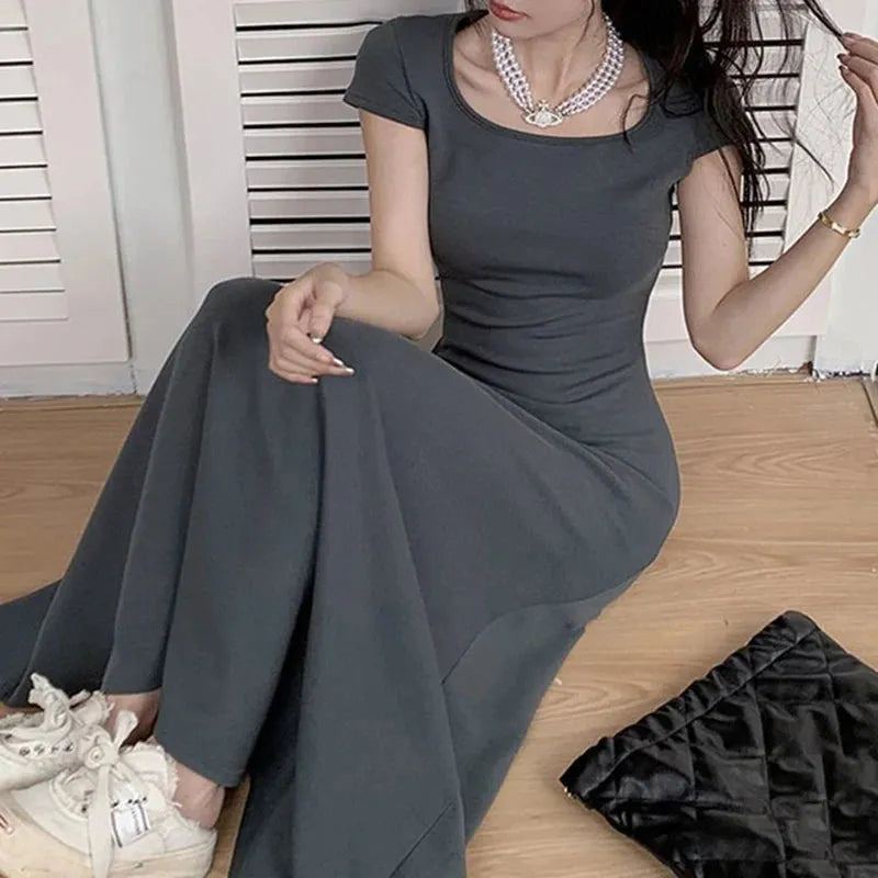 Rimocy Slim Fit Sexy Maxi Dresses for Women 2024 Summer Short Sleeve Bodycon Dress Woman Round Neck Party Club Sundress Ladies