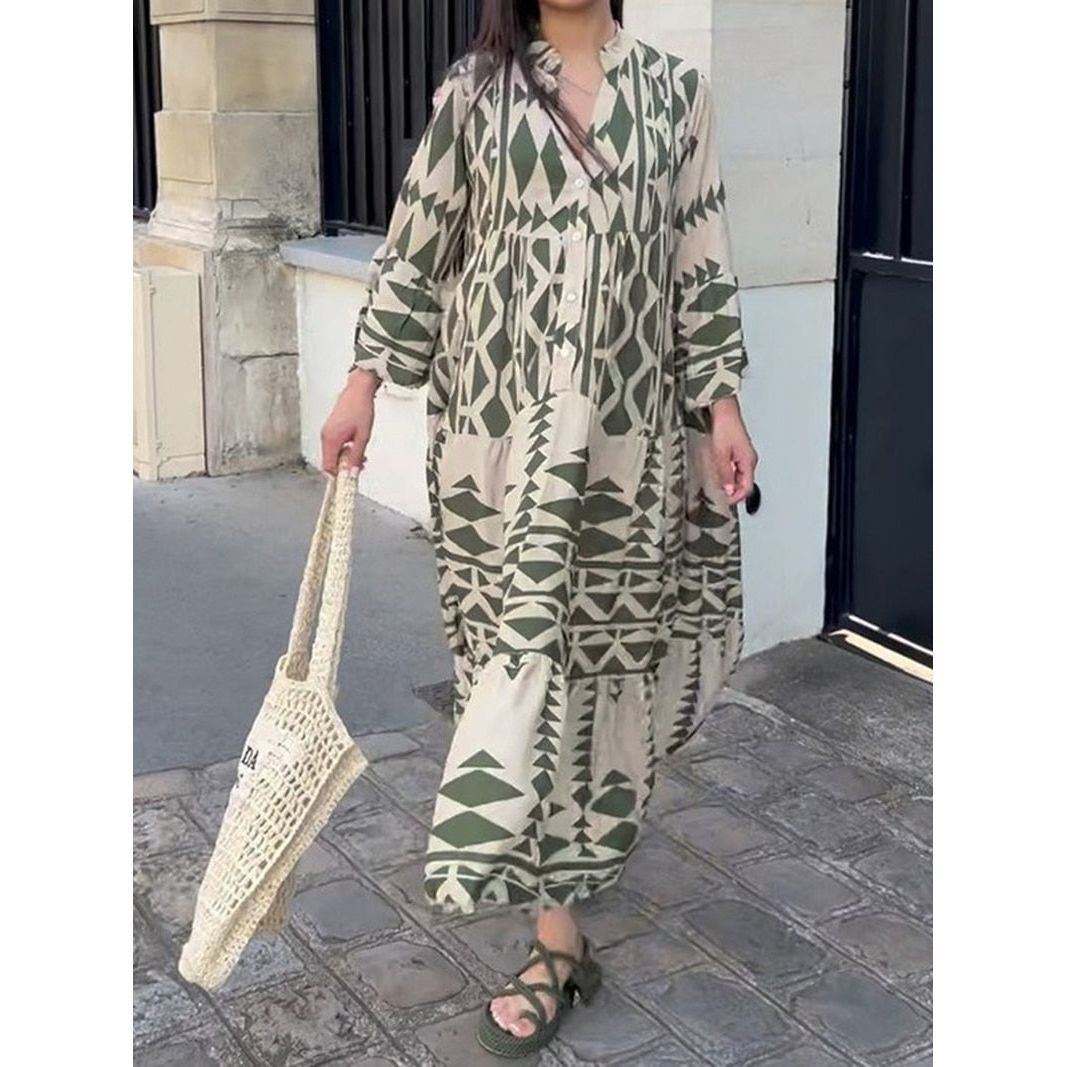 Dress Elegant Summer Maxi for Women 2023 Casual Streetwear Vintage Geometric V Neck Boho Beach Long Loose Dresses - Jointcorp