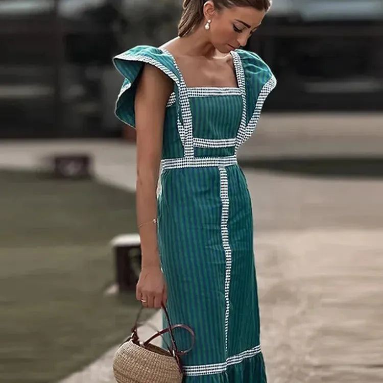 Fashion Print Dress Women Elegant Square Collar Flying Sleeve Female Maxi Dresses 2024 Spring Summer Vacation Lady Vestidos