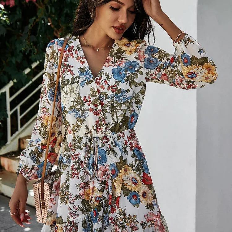 Spring Summer Floral Print Dress Women Full Sleeve Lace Up High Waist Chiffon Dress