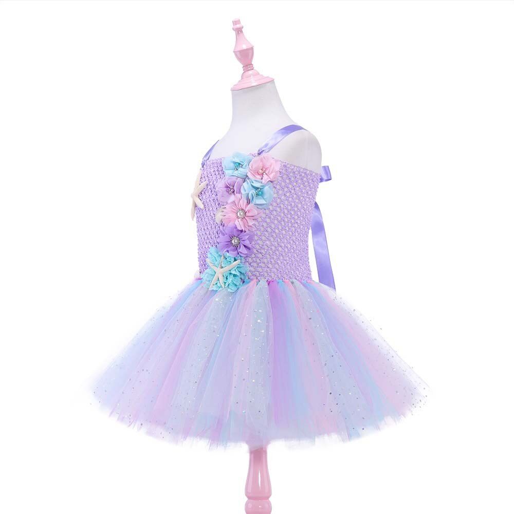 Girls Pastel Ariel Mermaid Tutu Dress Under the Sea Theme Birthday Party Costume with Flower Headband Ocean Flower Dresses 1-12Y