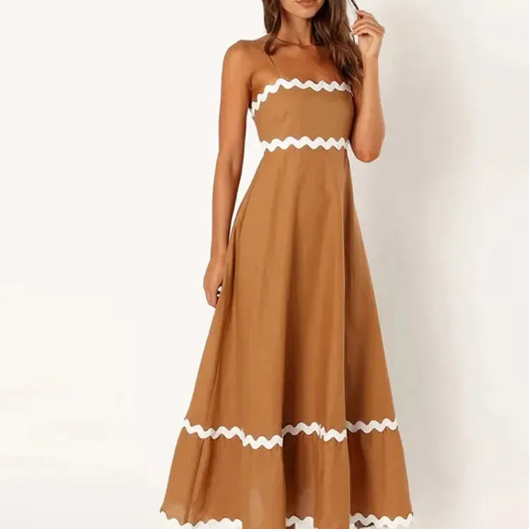 Elegant Spaghetti Strap Midi Dress Fashion Wave Striped Patchwork Maxi Dress For Women Female Backless Party Evening Sling Dress