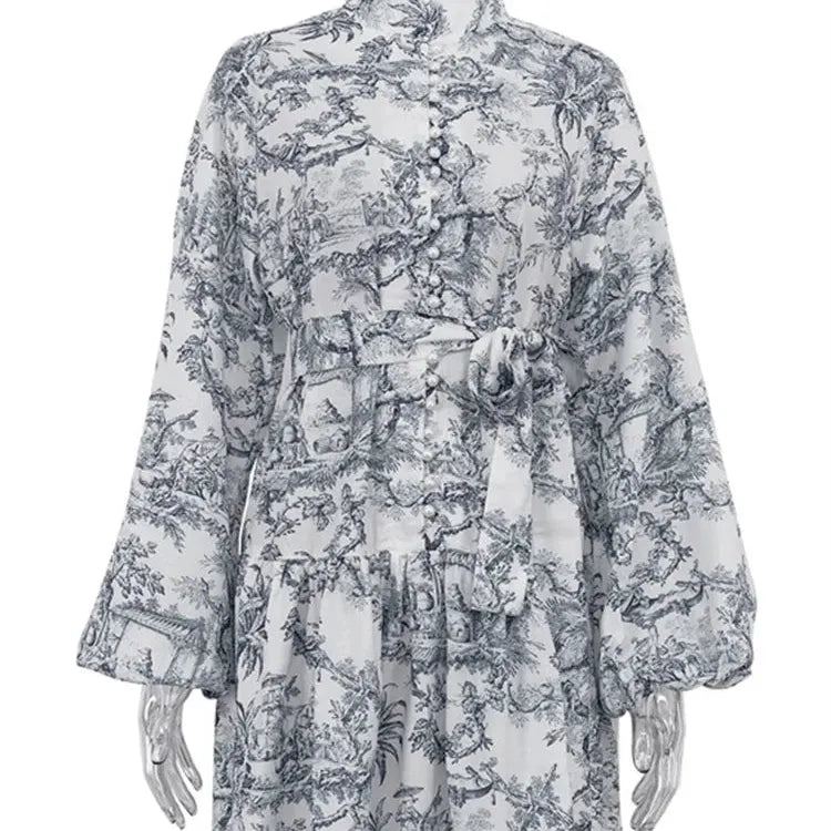 Tossy Vintage Printed Lace-Up Mini Dress For Women Fashion Ruffled Pleated Dress Bandage Long Sleeve High Street Women's Dress