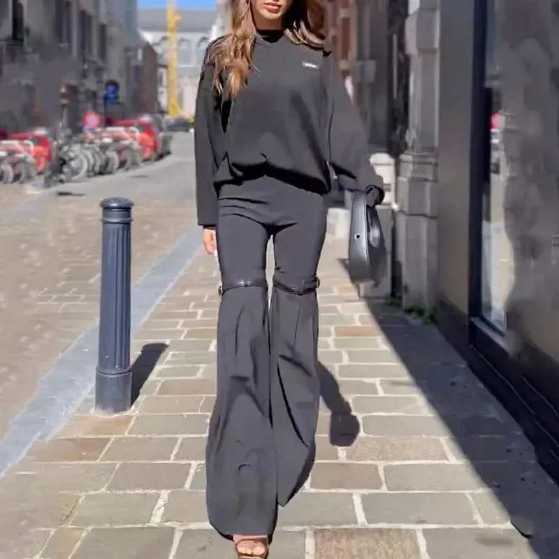 Women Two Piece Set Autumn Fashion Casual Long Sleeve Round Neck T Shirt Top Loose Flare Pants Sets High Streetwear