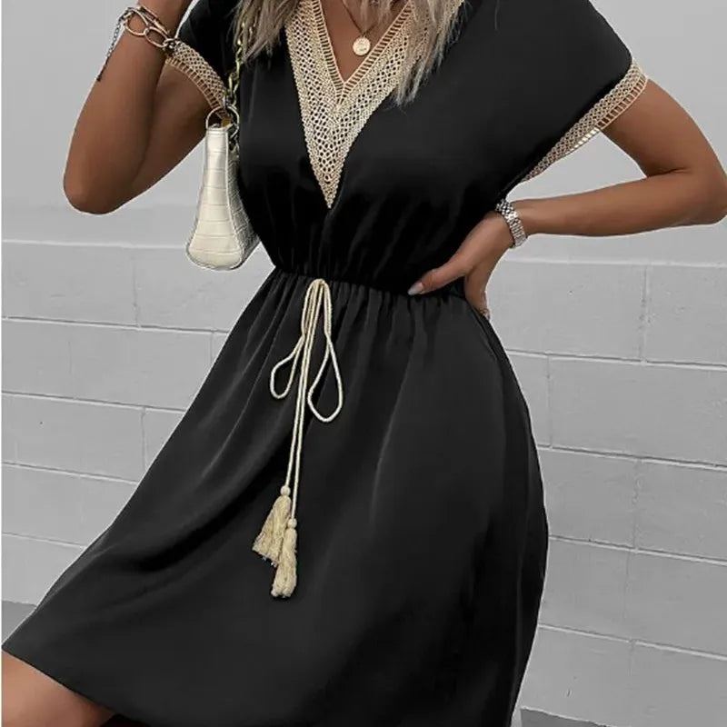 Elegant Women's White Dresses 2023 Summer Solid Short Sleeve Lace V-Neck Waistband Female Beach Midi Dress S-XXXL